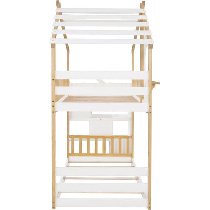Stairway Twin-Over-Twin Bunk Bed,House Bed,Storage and Guard Rail,Natural Bed +White Stair