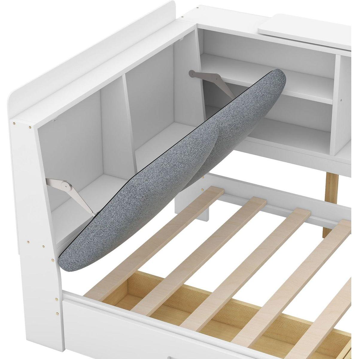 Wood Twin Size platform bed with Storage Headboard, Shelves and 2 Drawers, White