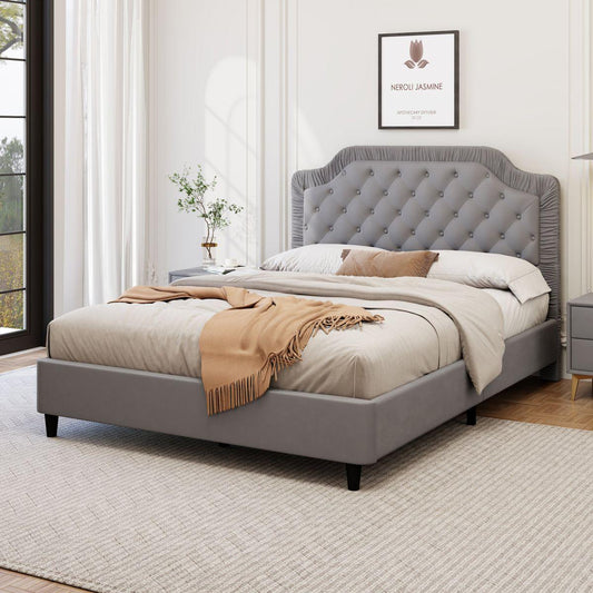 Full Size Upholstered Bed with Ruched and Button Tufted Headboard, No Box Spring Needed,Velvet, Gray