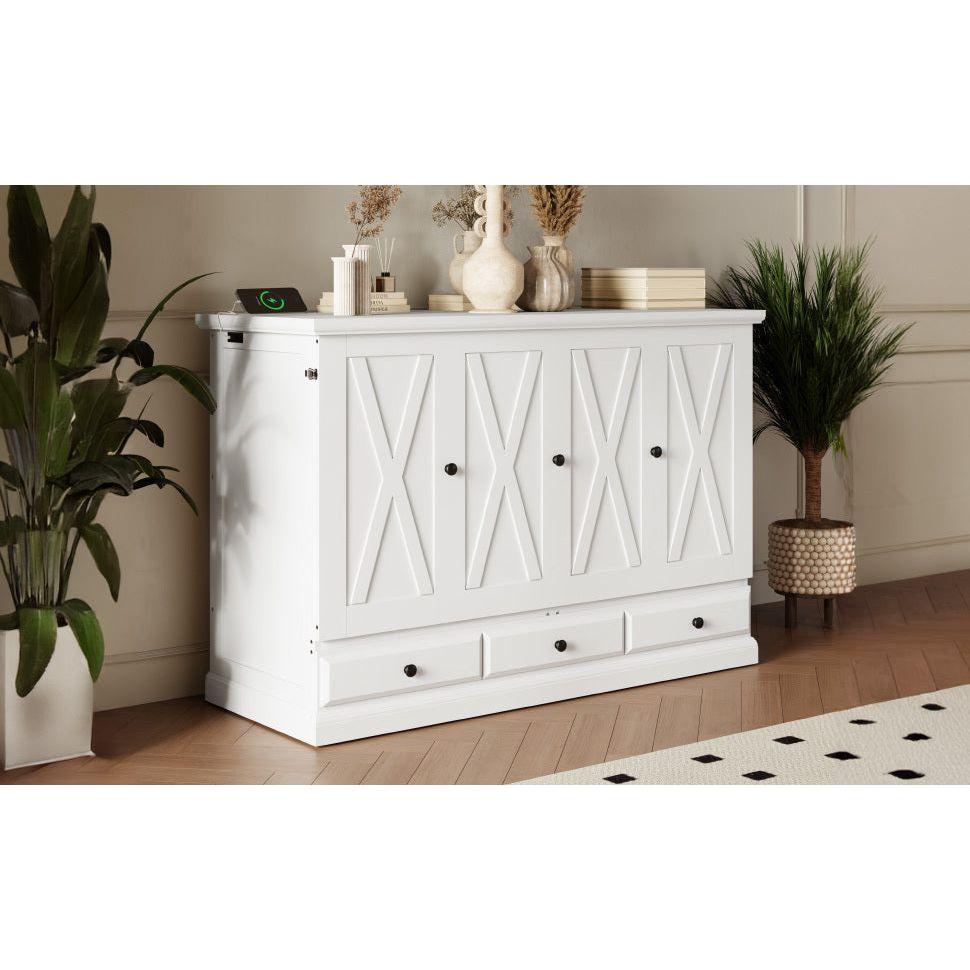 Solid Pine Murphy Bed Chest Cube Cabinet Bed with Charging Station and Large Storage Drawer for Home Office or Small Room,Full,White