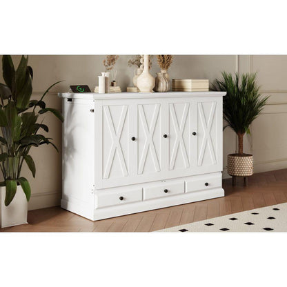 Solid Pine Murphy Bed Chest Cube Cabinet Bed with Charging Station and Large Storage Drawer for Home Office or Small Room,Full,White