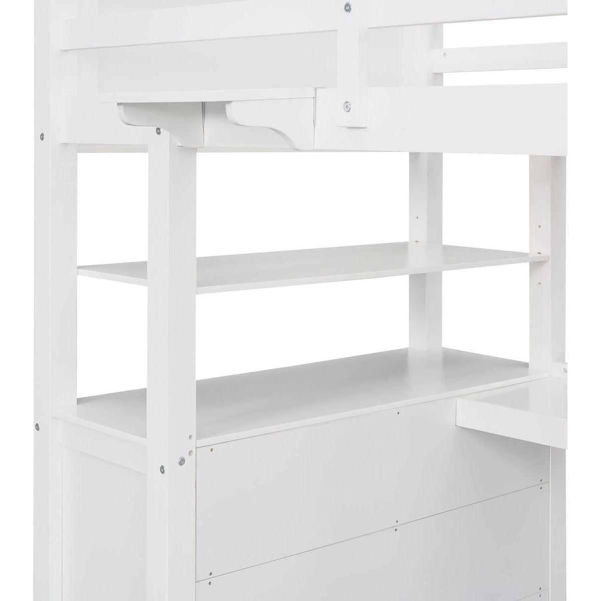 Twin size Loft Bed with Drawers and Desk, Wooden Loft Bed with Shelves - White