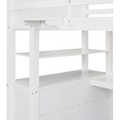 Twin size Loft Bed with Drawers and Desk, Wooden Loft Bed with Shelves - White