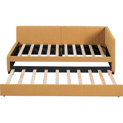 Upholstered Daybed with Trundle Twin Size Sofa Bed Frame No Box Spring Needed, Linen Fabric(Yellow)