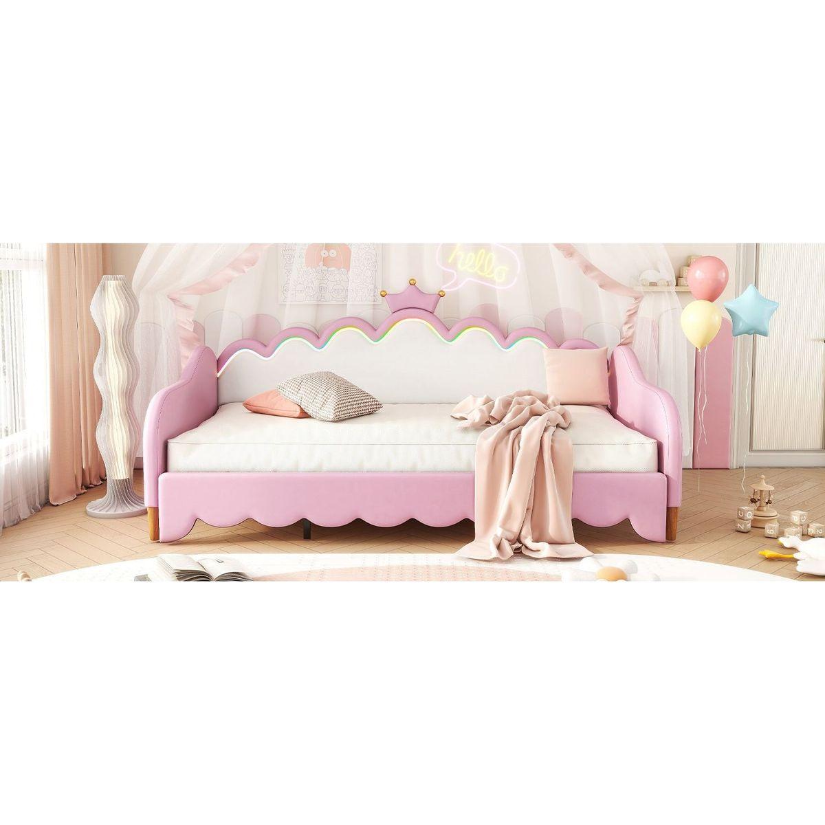 Twin Extending Daybed with LED Lights, Modern Upholstered Princess Daybed With Crown Headboard,Pink