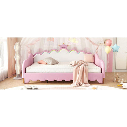 Twin Extending Daybed with LED Lights, Modern Upholstered Princess Daybed With Crown Headboard,Pink