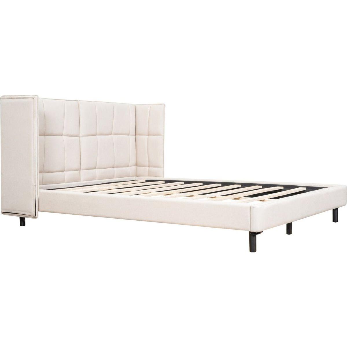 Queen Size Upholstered Platform Bed with LED Lights and U-Shaped Headboard, Linen Fabric, Beige