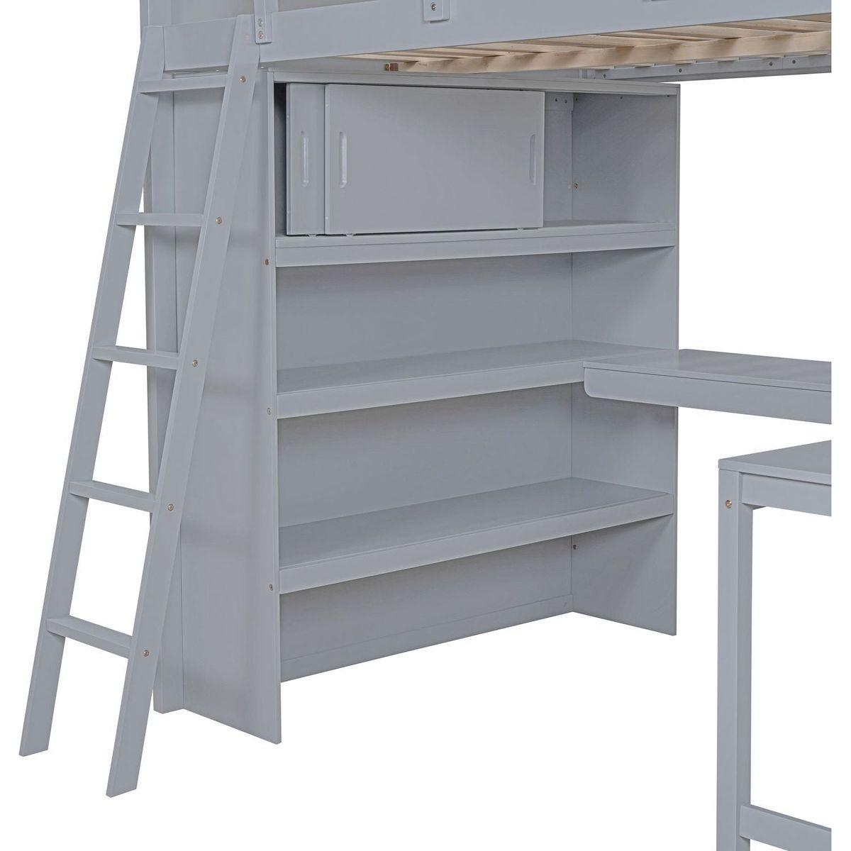 Full Size Loft Bed with Desk and Shelf - Gray