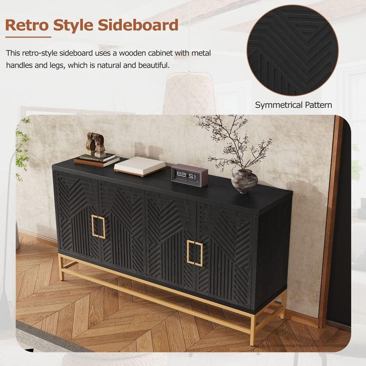 Retro Style Sideboard with Adjustable Shelves, Rectangular Metal Handles and Legs for Kitchen, Living room, and Dining Room (Black)