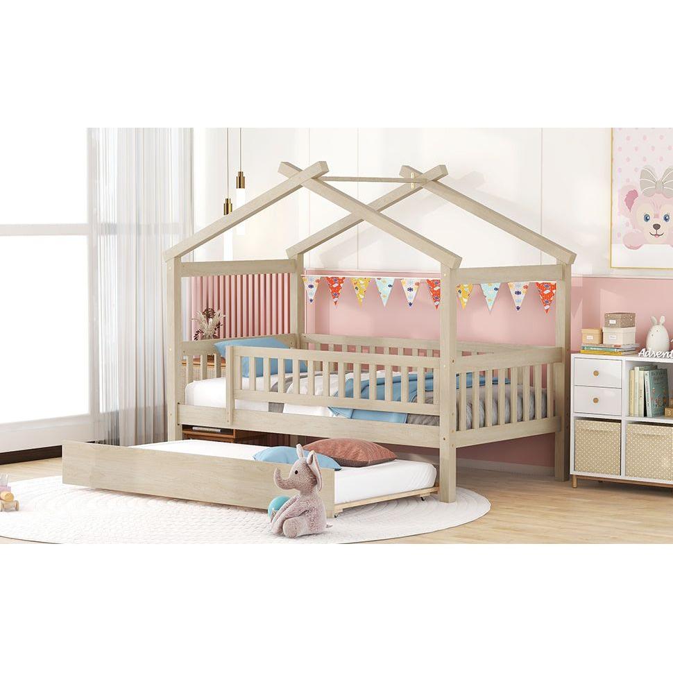 Twin Size Wooden House Bed with Twin Size Trundle, Natural