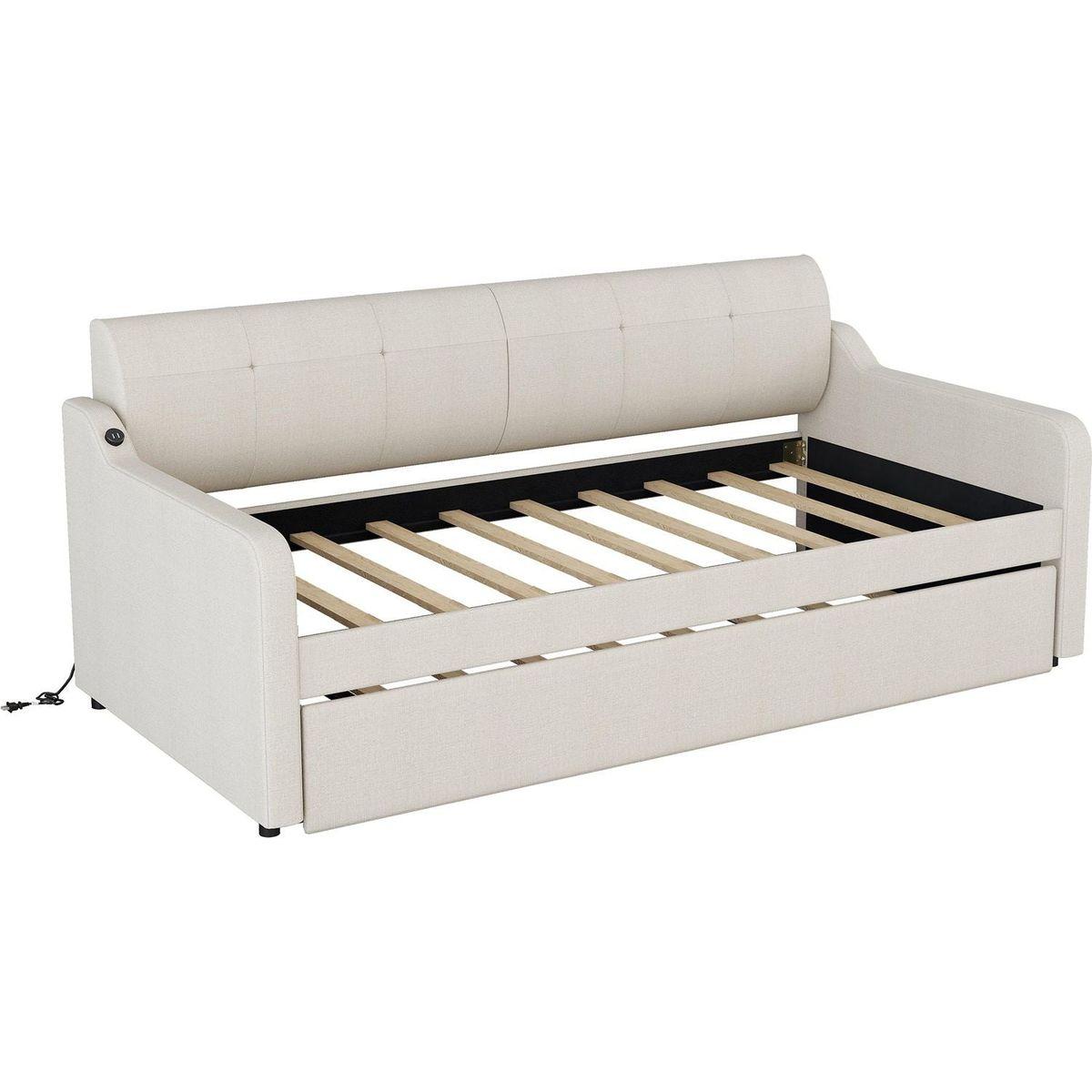 Twin Size Upholstery Daybed with Trundle and USB Charging Design,Trundle can be flat or erected,Beige