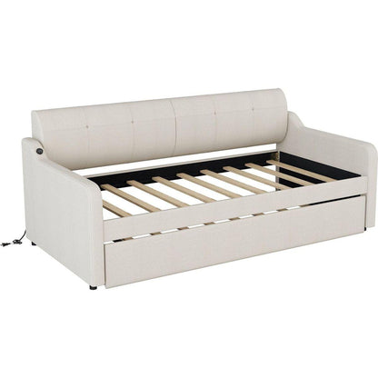 Twin Size Upholstery Daybed with Trundle and USB Charging Design,Trundle can be flat or erected,Beige