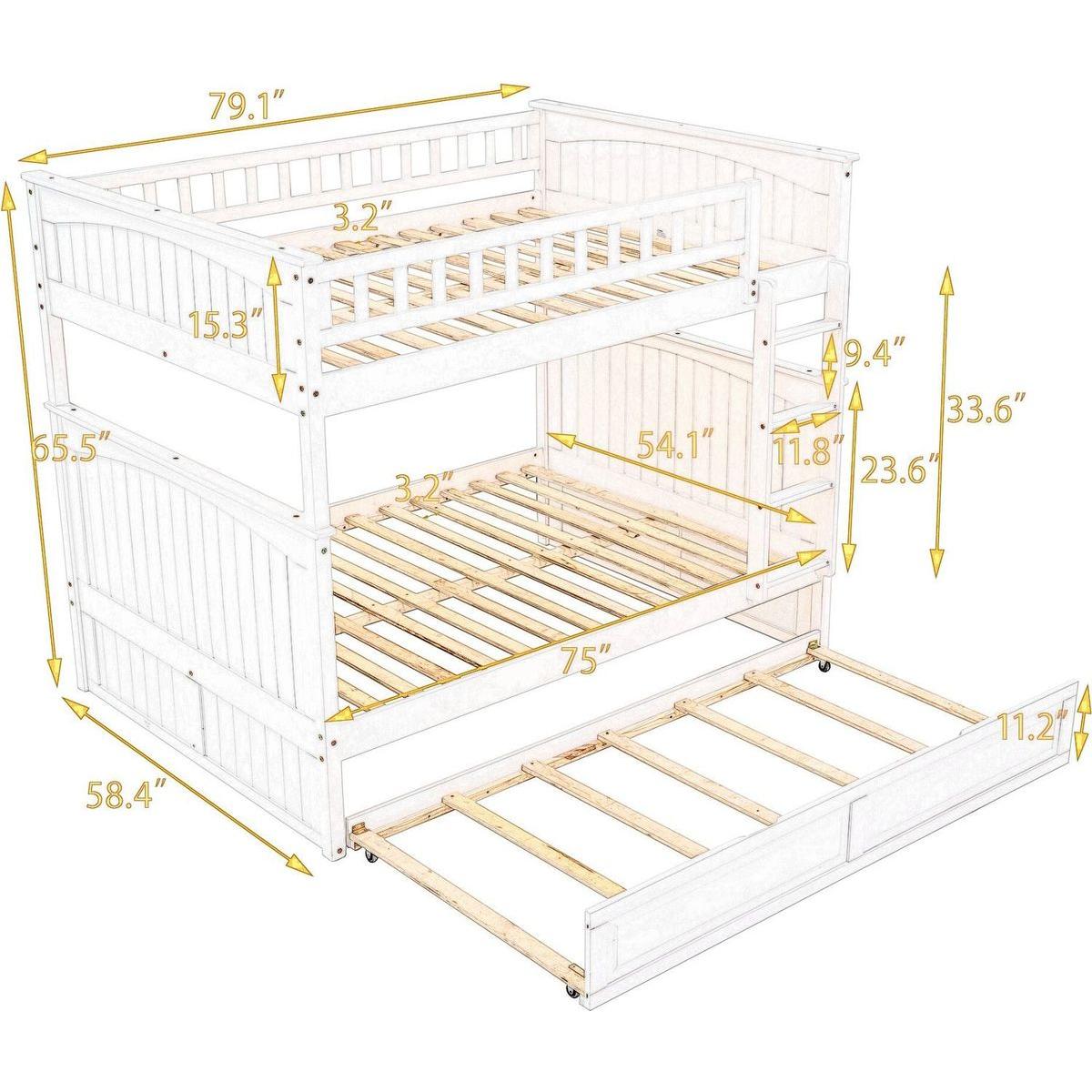 Full Over Full Bunk Bed with Twin Size Trundle, Pine Wood Bunk Bed with Guardrails, Brushed Gray