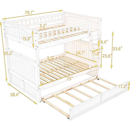 Full Over Full Bunk Bed with Twin Size Trundle, Pine Wood Bunk Bed with Guardrails, Brushed Gray