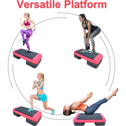 Adjustable Workout Aerobic Stepper in Fitness & Exercise Step Platform Trainer Red Black with 2 Risers