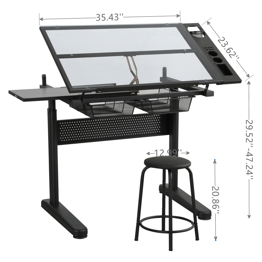 hand crank adjustable drafting table drawing desk with 2 metal drawers (BLACK)WITH STOOL