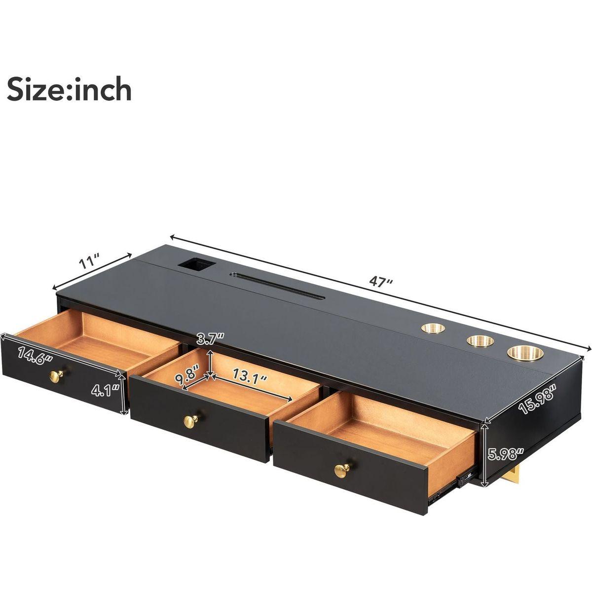 47" Floating Shelf with Drawer, Multi-Purpose Wall-Mounted Vanity Table, Mounted Desk, Floating Table for Bedroom, Bathroom, Hairdressers, Black and Golden