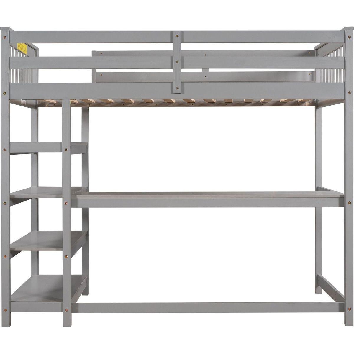Twin Size Loft Bed with Storage Shelves and Under-bed Desk, Gray