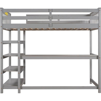 Twin Size Loft Bed with Storage Shelves and Under-bed Desk, Gray