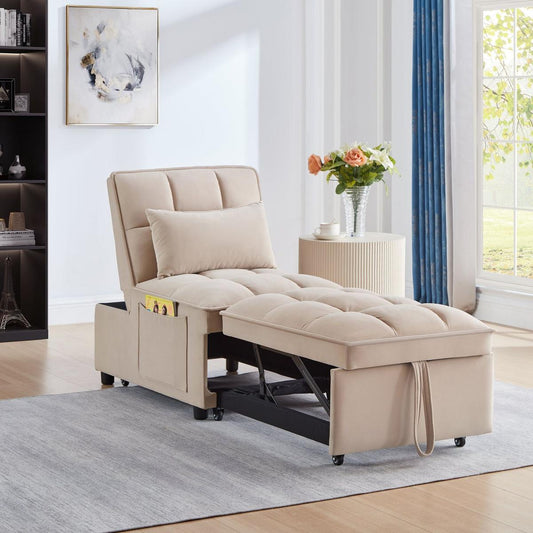 4 in1 Multi-Function Single Sofa Bed with Storage Pockets,Tufted Single Pull-out Sofa Bed with Adjustable Backrest and Pillows, Convertible Chaise Lounge,Taupe
