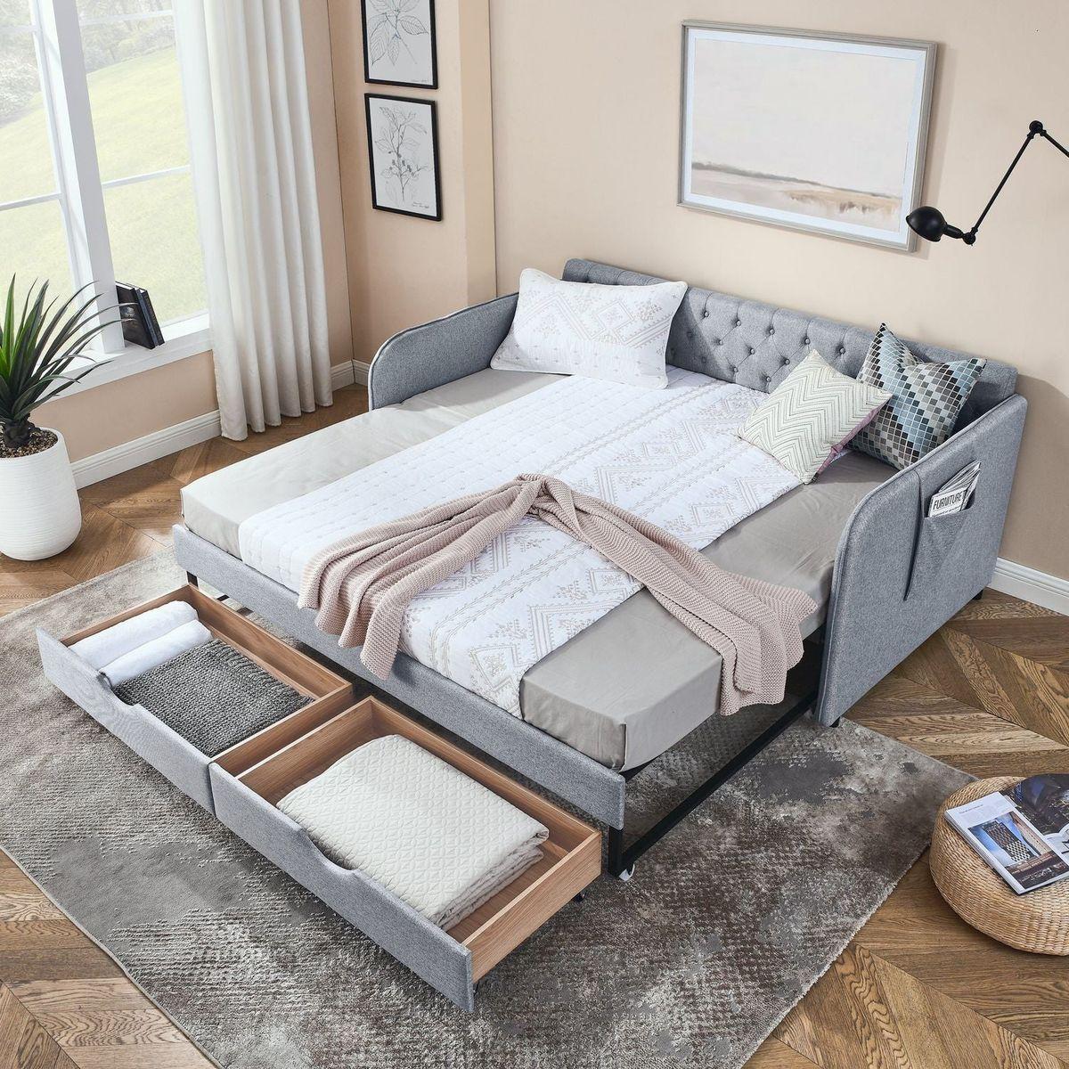 Twin Size Upholstery Daybed with Trundle Bed and Two Storage Drawers , Flat Arms with Pocket, Extendable Daybed for Bedroom Living Room,Linen Grey