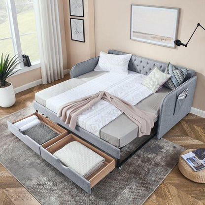 Twin Size Upholstery Daybed with Trundle Bed and Two Storage Drawers , Flat Arms with Pocket, Extendable Daybed for Bedroom Living Room,Linen Grey