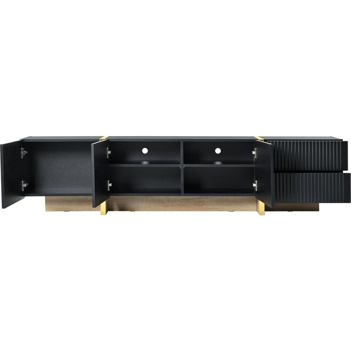 Luxury Fluted TV Stand for TVs Up to 80", Modern Entertainment Center with Storage Cabinets & Drawers, Smooth Media Console with Golden Wood Grain Legs for Living Room, Black