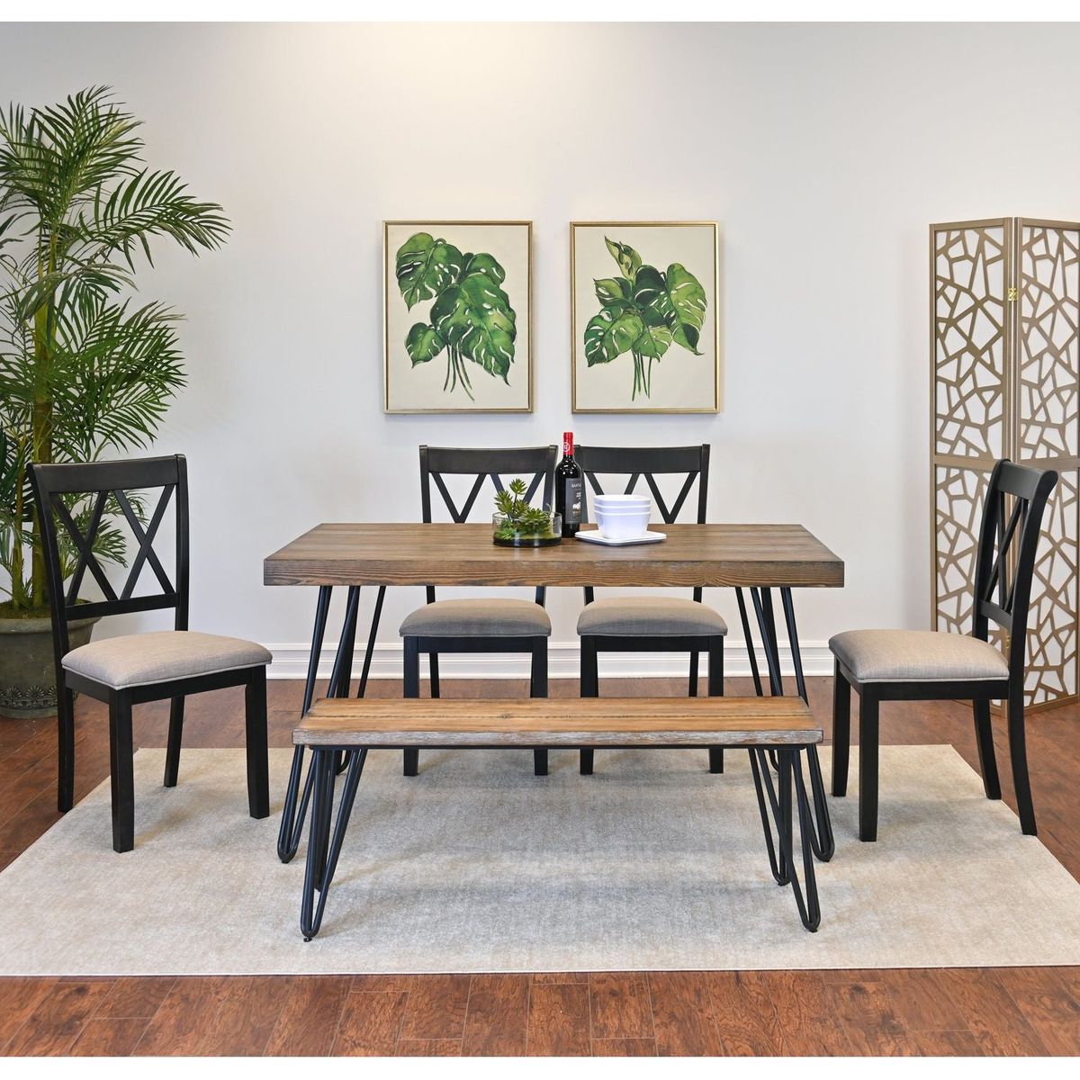 Arroyo 6-Piece Dining Set, Hairpin Dining Table with 4 Cross-back Chairs and Bench, Rich Black