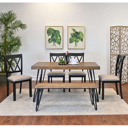 Arroyo 6-Piece Dining Set, Hairpin Dining Table with 4 Cross-back Chairs and Bench, Rich Black