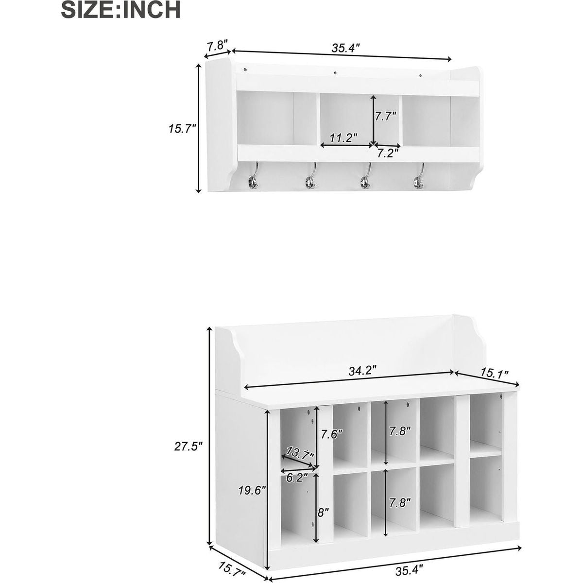 Shoe Storage Bench with Shelves and 4 Hooks, Elegant Hall Tree with Wall Mounted Coat Rack, Entryway Organizer For Hallway, Foyer, Mudroom, White