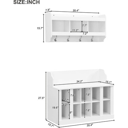 Shoe Storage Bench with Shelves and 4 Hooks, Elegant Hall Tree with Wall Mounted Coat Rack, Entryway Organizer For Hallway, Foyer, Mudroom, White