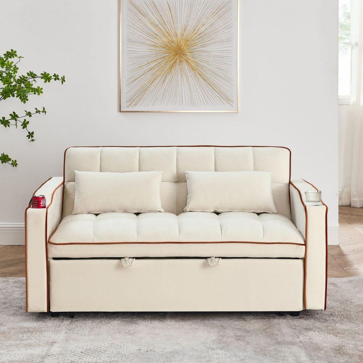 55.51 inch versatile foldable sofa bed in 3 lengths, modern sofa sofa sofa velvet pull-out bed, adjustable back and with USB port and ashtray and swivel phone stand (Beige)