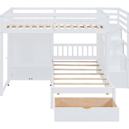 Full Over Twin Bunk Bed with Wardrobe, Drawers, White