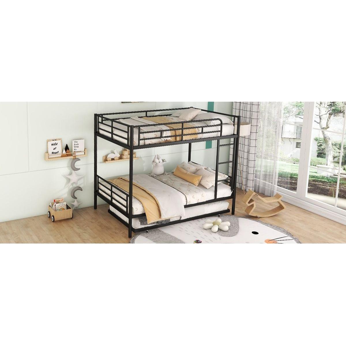 Full Over Full Metal Bunk Bed with Trundle, Black