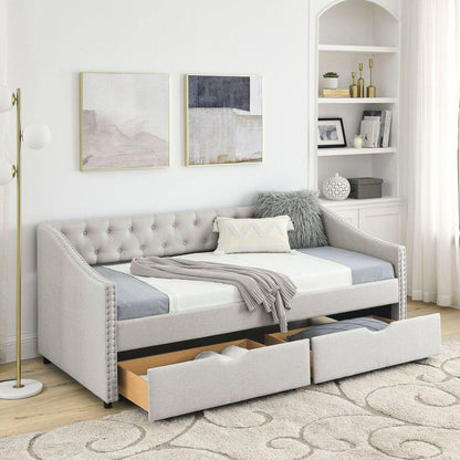 Twin Size Daybed with Drawers Upholstered Tufted Sofa Bed, with Button on Back and Copper Nail on Waved Shape Arms, Beige(81.5"x41"x30.5")