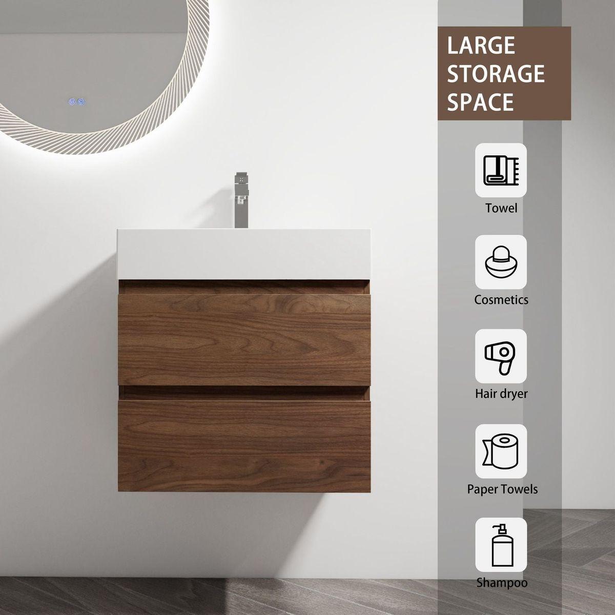 24" Wall-Mounted Bathroom Vanity With Resin Sink, 2-Soft Close Drawers, KD-Package