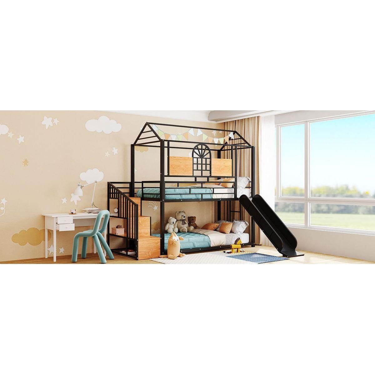 Twin Over Twin Metal Bunk Bed, Metal Housebed with Slide and Storage Stair, Black with Black Slide