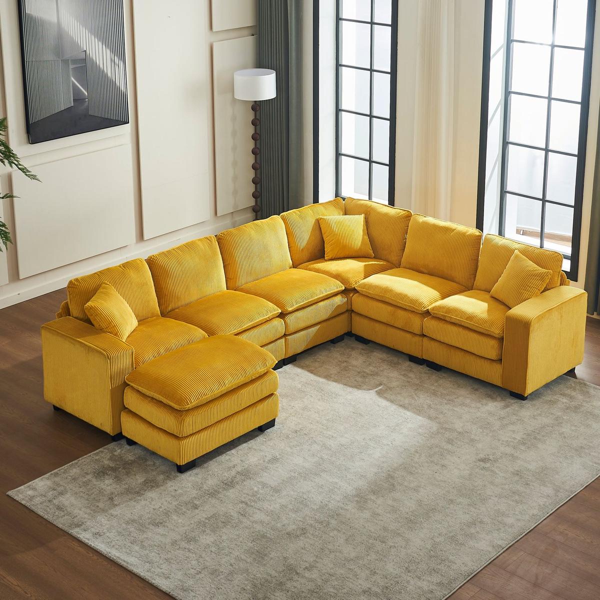 Modern U Shaped 6-seat Sectional Sofa Couch with one Ottoman and three toss pillows, Modular Sofa for Living Room,Corduroy sofa