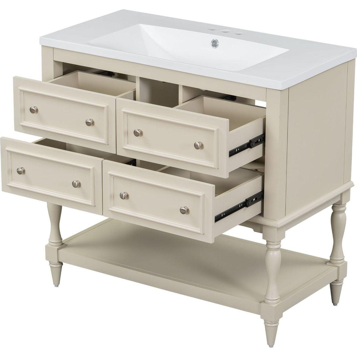 36" Bathroom Vanity Cabinet with Sink Combo Set, Undermount Resin Sink, Free Standing Vanity Set with 4 Drawers, Solid Wood Frame Bathroom Cabinet, Beige