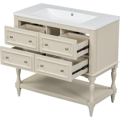 36" Bathroom Vanity Cabinet with Sink Combo Set, Undermount Resin Sink, Free Standing Vanity Set with 4 Drawers, Solid Wood Frame Bathroom Cabinet, Beige