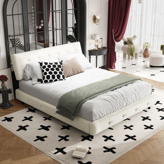 Queen Size Bed Frame,Tufted Headboard with Extra-Large Ultra-Soft Cloud Pillow Design,Chenille Platform Bed with Metal and Wooden Slats Double Support,Solid and Stable,Noise-Free,Beige/White