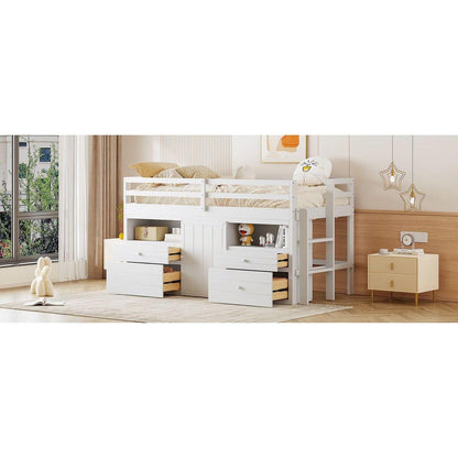 Twin Size Loft Bed with 4 Drawers, Underneath Cabinet and Shelves, White