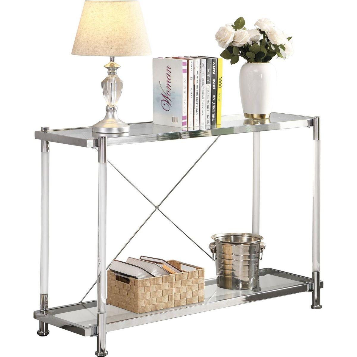 43.31" Chrome Glass Sofa Table, Acrylic Side Table, Console Table for Living Room& Bedroom