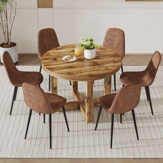 A modern and practical circular dining table. Made of MDF tabletop and wooden MDF table legs. A set of 6 brown cushioned chairs. CT-