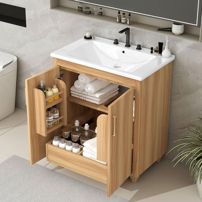 30" Bathroom Vanity with Sink Combo, Multi-functional Bathroom Cabinet with Doors and Drawer, MDF Board, Natural