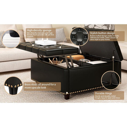 Large square storage stool with two storage doors, footstool for living room Studded mid-century modern coffee table, black PU leather