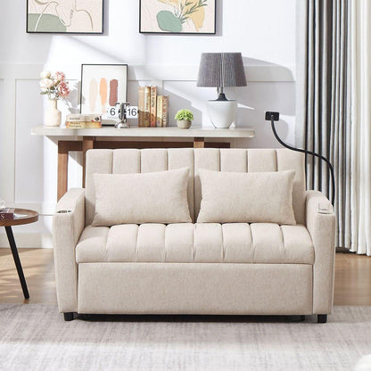 55.9" Convertible Sofa Bed Loveseat Sofa with Three USB Ports, Two Side Pockets, Two Cup Holders and 360Swivel Phone Holder for Living Room, Beige