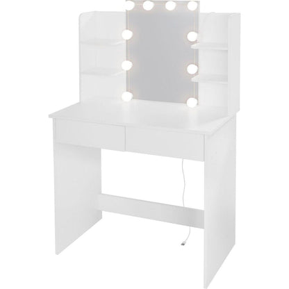 Makeup Vanity Desk With LED Lighted Mirror, Dressing Table Set With 2 Large Drawers 10 LED Light, White Color