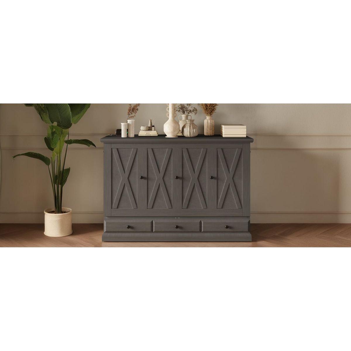 Solid Pine Murphy Bed Chest Cube Cabinet Bed with Charging Station and Large Storage Drawer for Home Office or Small Room,Full,Gray