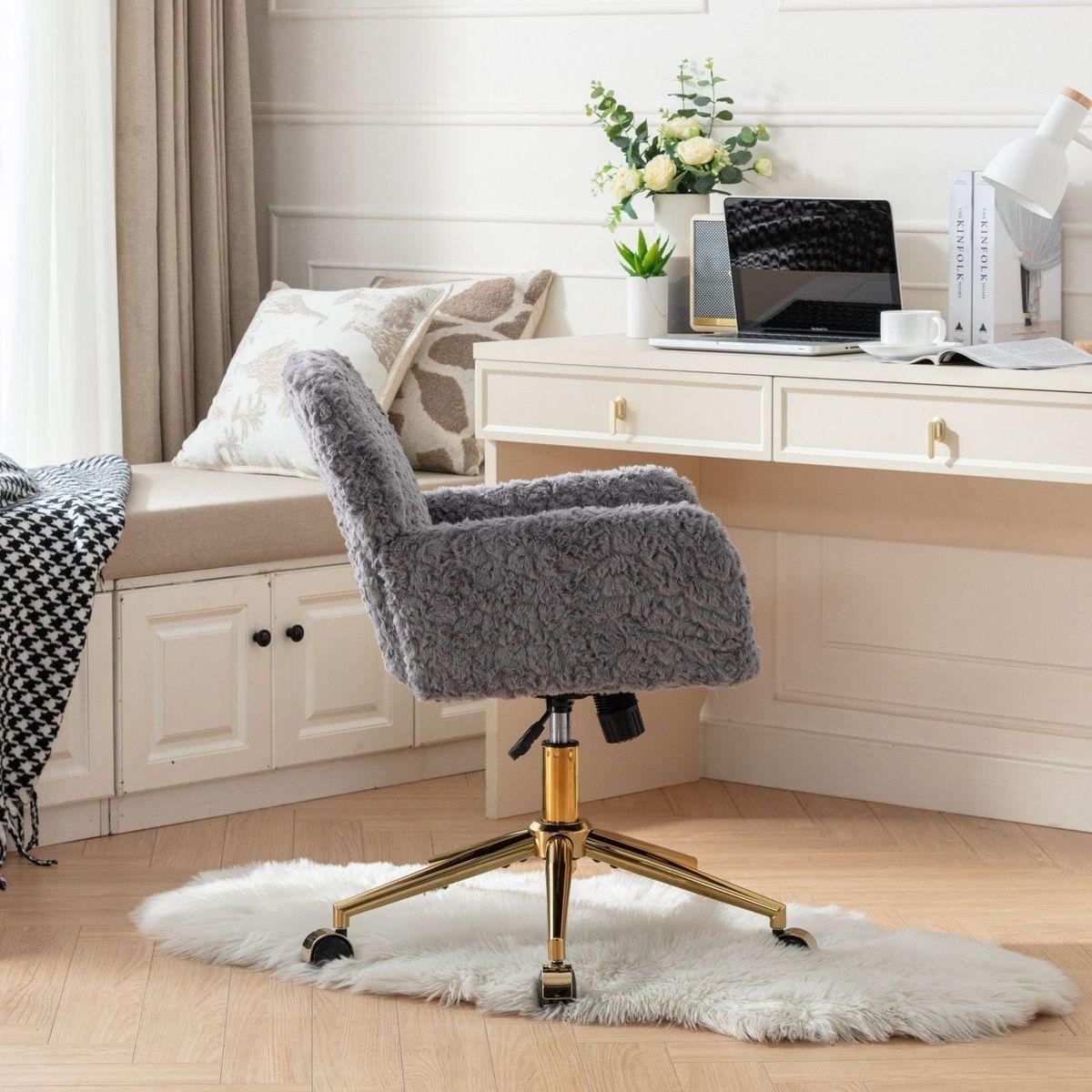 Office Chair,Artificial rabbit hair Home Office Chair with Golden Metal Base,Adjustable Desk Chair Swivel Office Chair,Vanity Chair(Gray)